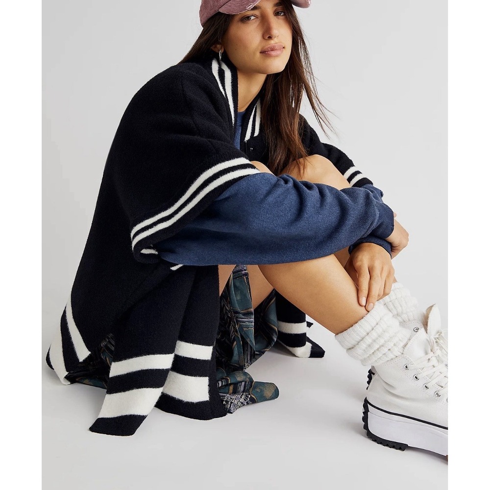 Free People Pep Rally Stripe Varsity Poncho – Black / Ivory – One Size